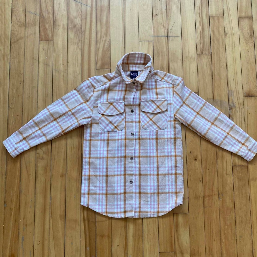 LOOK Plaid Flannel Shirt Long Sleeve Button Up Peach Pink White Women Medium